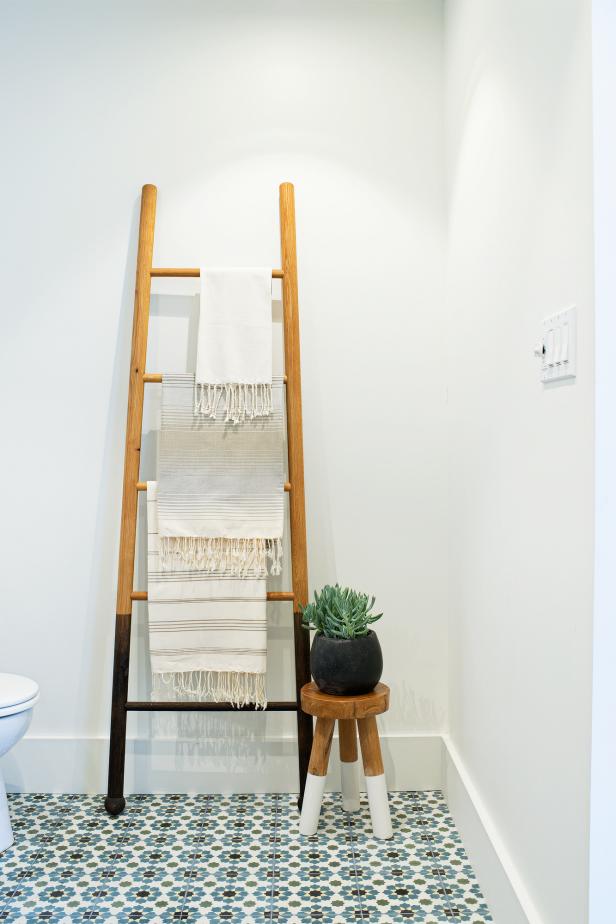 Stylish Bathroom Features Ladder Towel Storage
